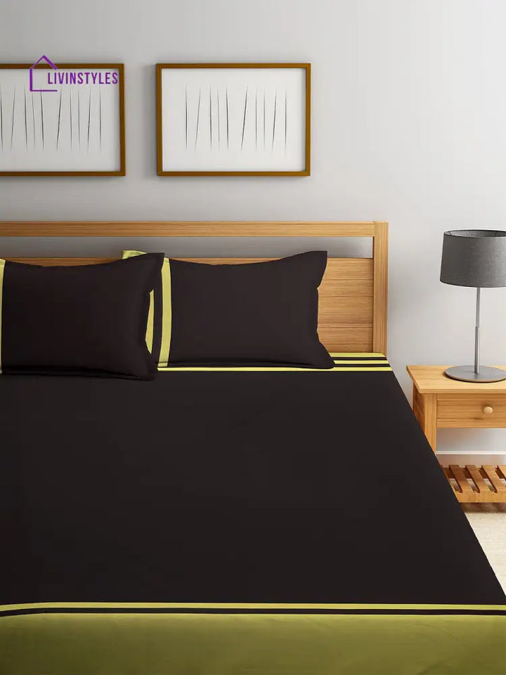 Coffee Brown & Lime Green Geometric 260 Tc Cotton 1 King Bedsheet With 2 Pillow Covers Bed Sheets