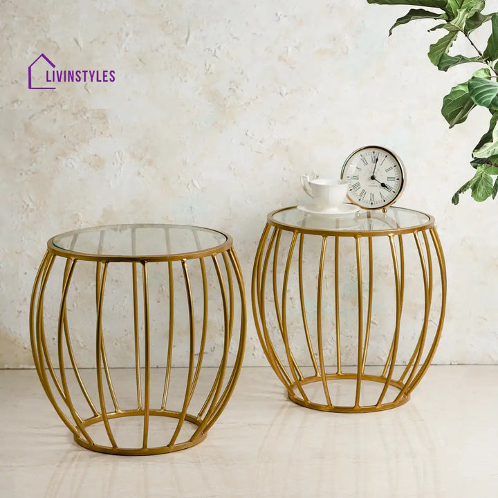 Contemporary Metallic Cage End Table In Gold Color Set Of 2 Furniture