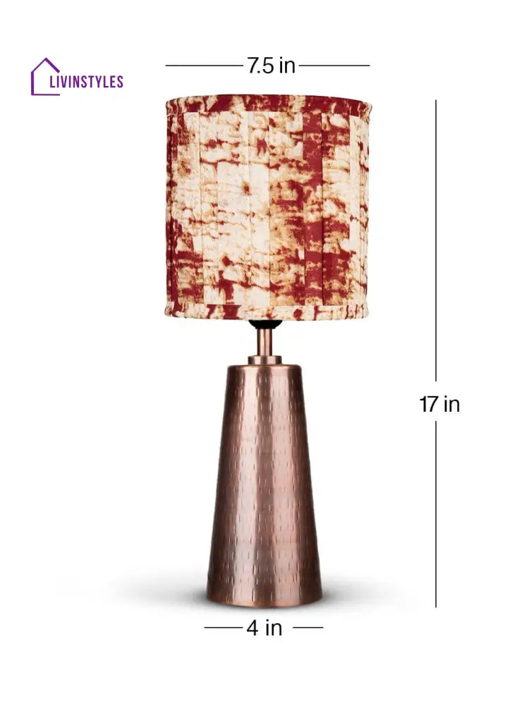 Copper Etched V-Shaped Lamp With Pleeted Muticolor Maroon Shade