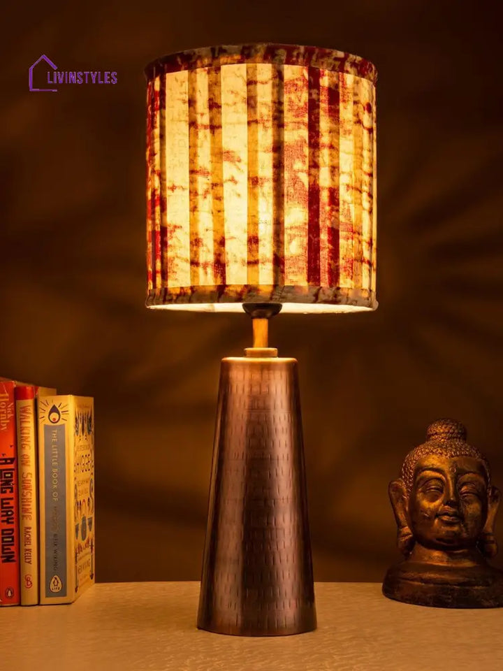 Copper Etched V-Shaped Lamp With Pleeted Muticolor Maroon Shade