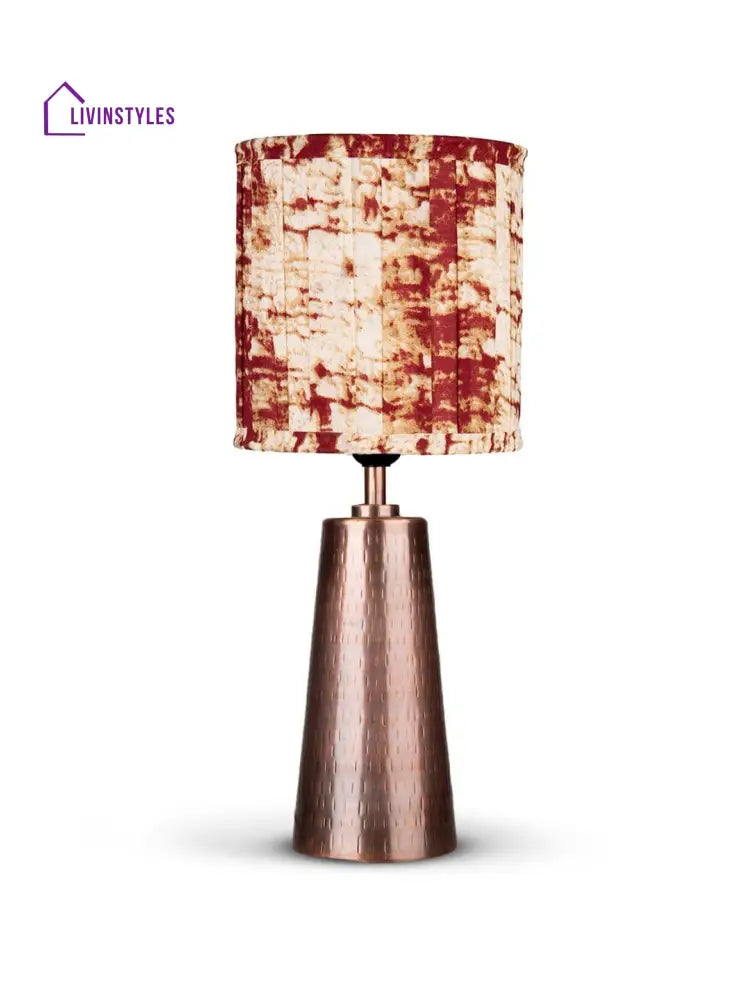 Copper Etched V-Shaped Lamp With Pleeted Muticolor Maroon Shade