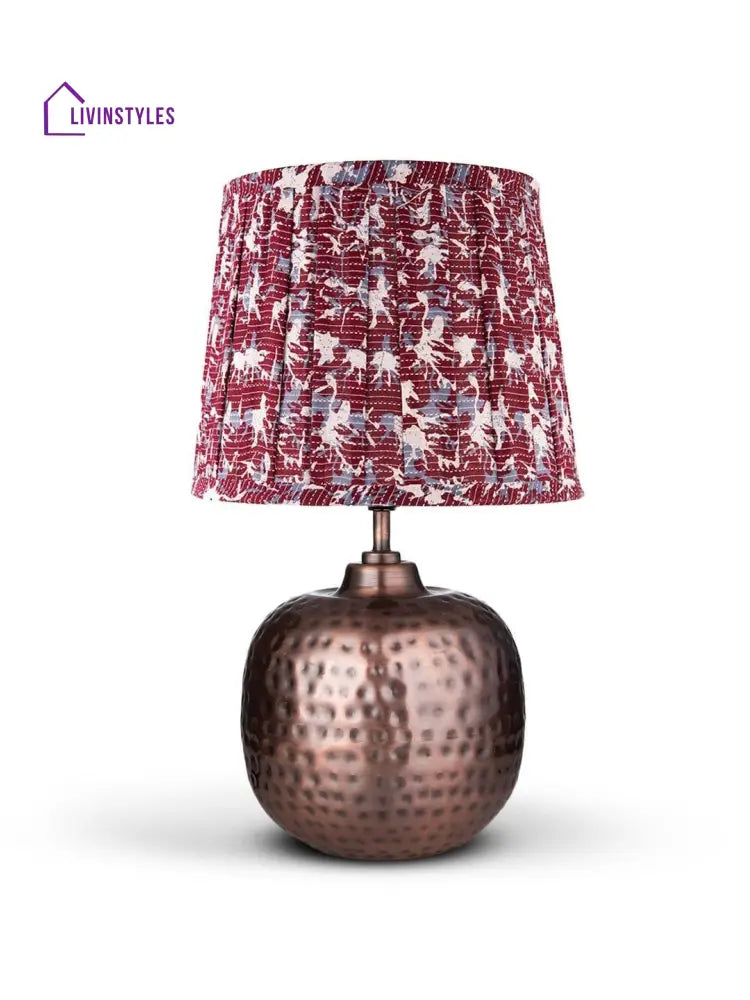 Copper Hammered Pot Lamp With Pleeted Multicolor Maroon Shade