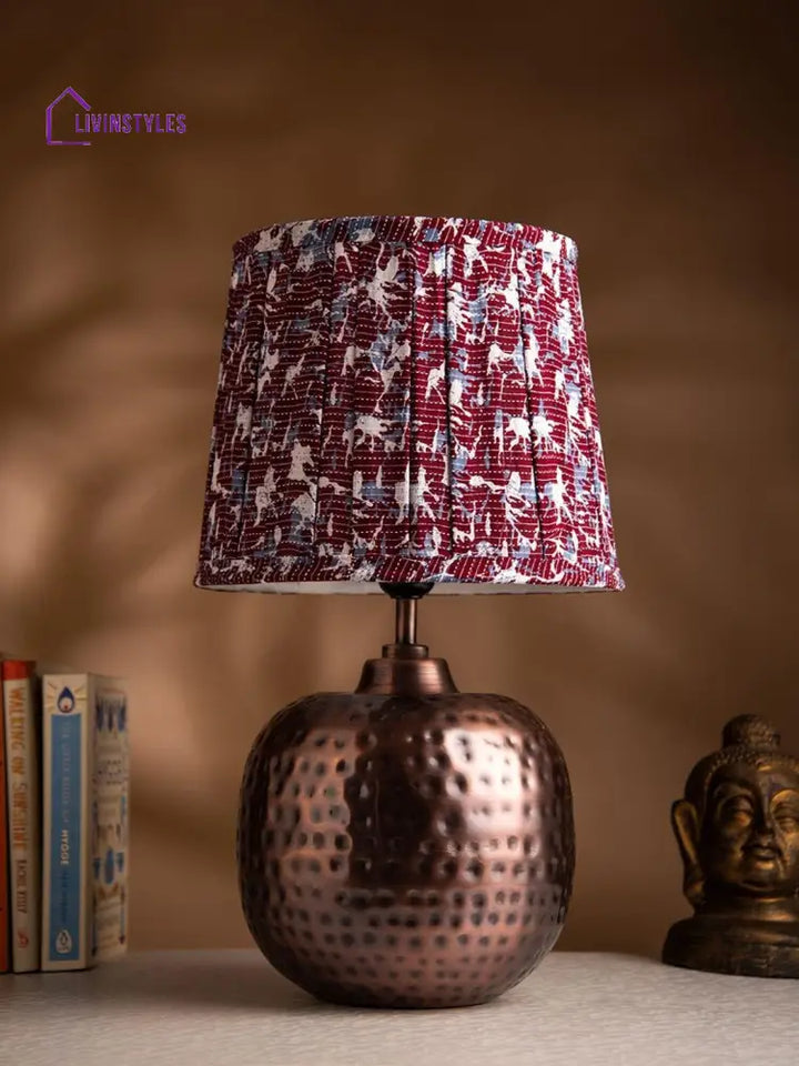 Copper Hammered Pot Lamp With Pleeted Multicolor Maroon Shade