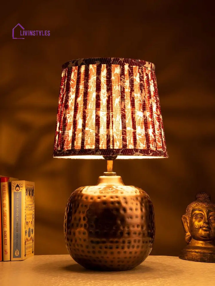 Copper Hammered Pot Lamp With Pleeted Multicolor Maroon Shade