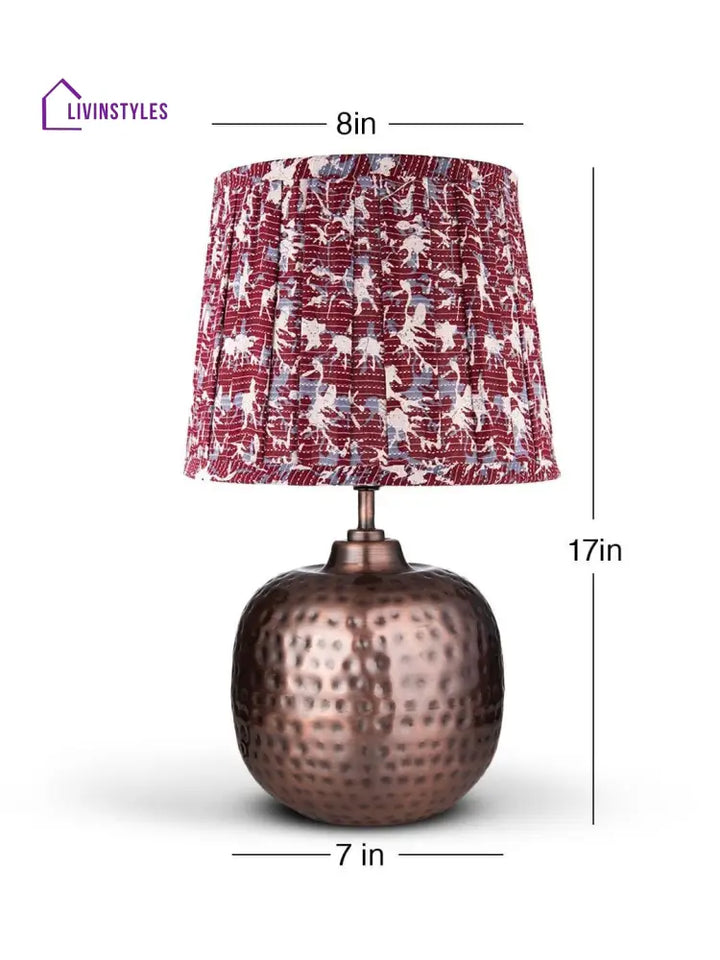 Copper Hammered Pot Lamp With Pleeted Multicolor Maroon Shade