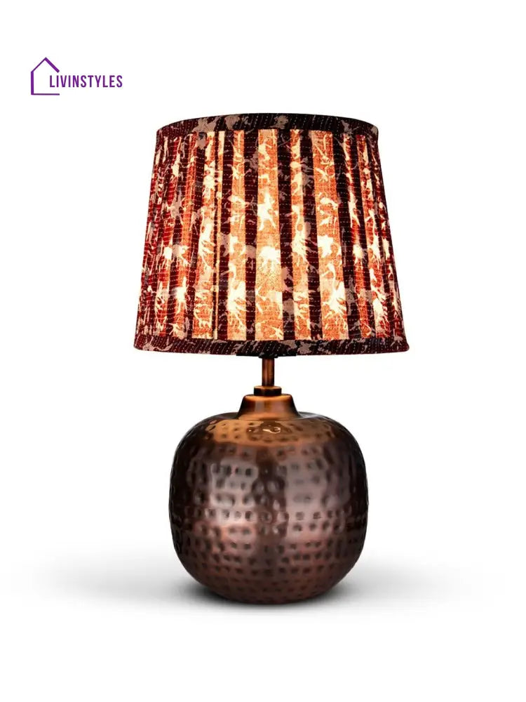 Copper Hammered Pot Lamp With Pleeted Multicolor Maroon Shade