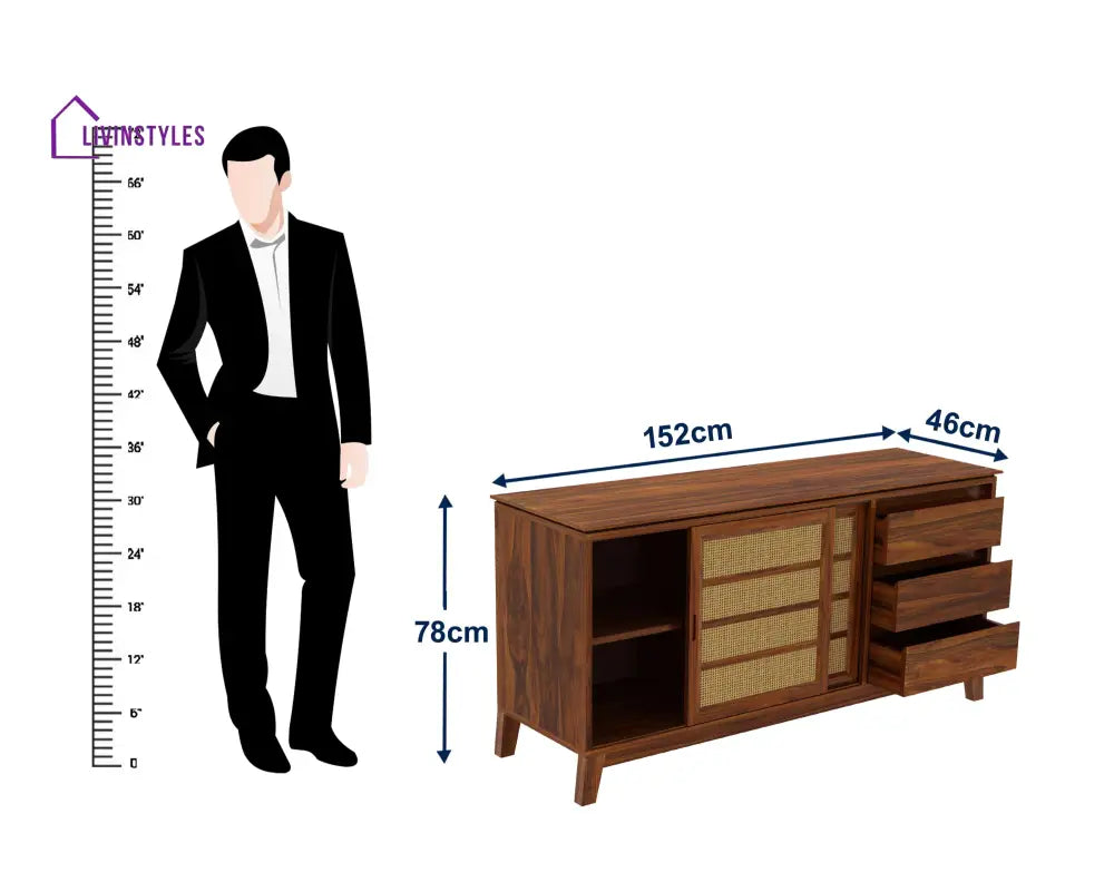 Cosmos Sliding Door Cane Sideboard In Solid Sheesham Wood - 1 Year Warranty Sideboards