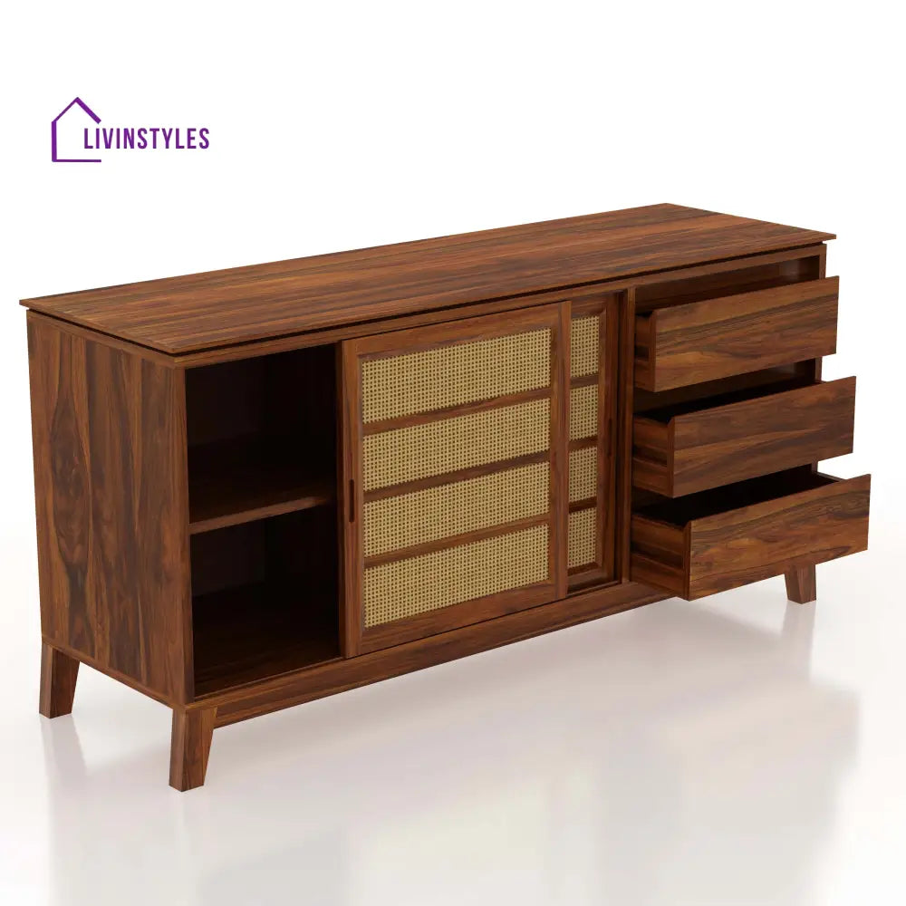 Cosmos Sliding Door Cane Sideboard In Solid Sheesham Wood - 1 Year Warranty Sideboards