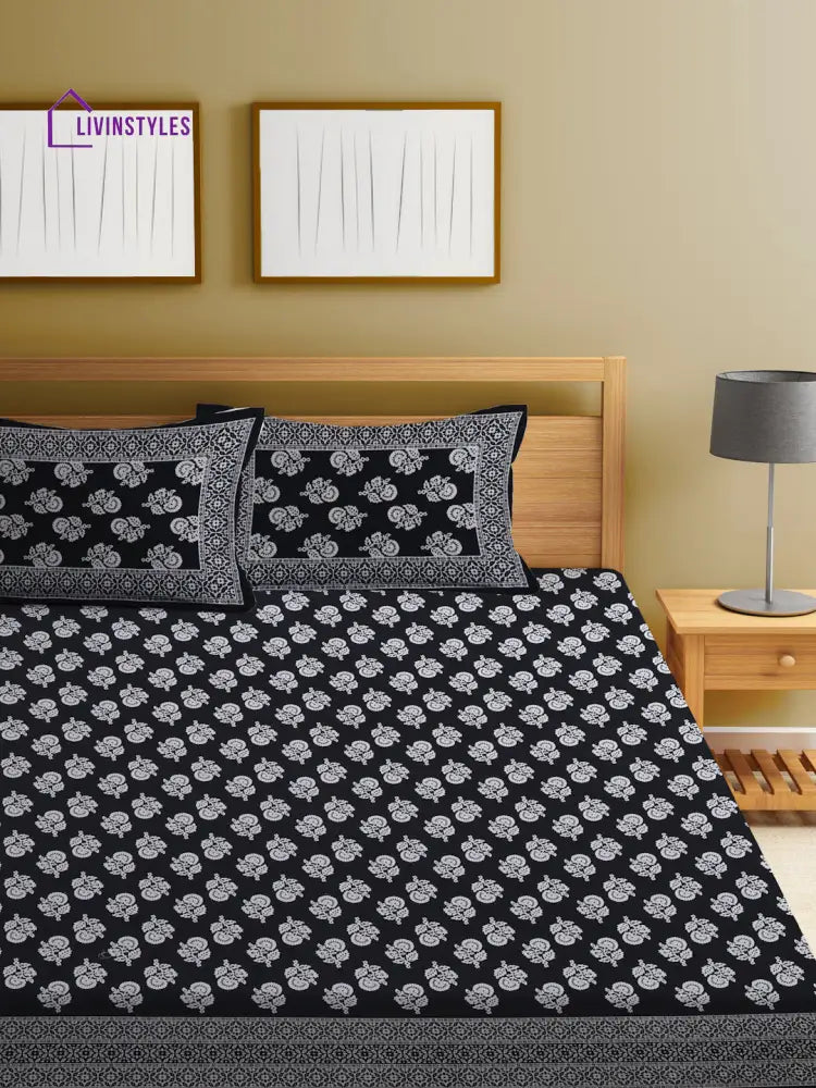 Cotton Floral Print Black Color Double Bed Sheet With 2 Pillow Covers