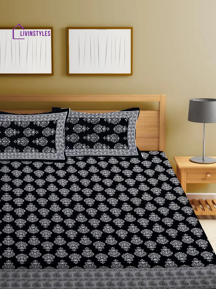 Cotton Floral Print Black Color Double Bed Sheet With 2 Pillow Covers