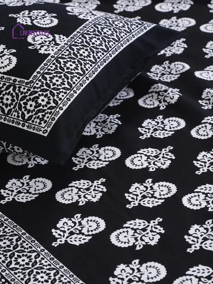 Cotton Floral Print Black Color Double Bed Sheet With 2 Pillow Covers