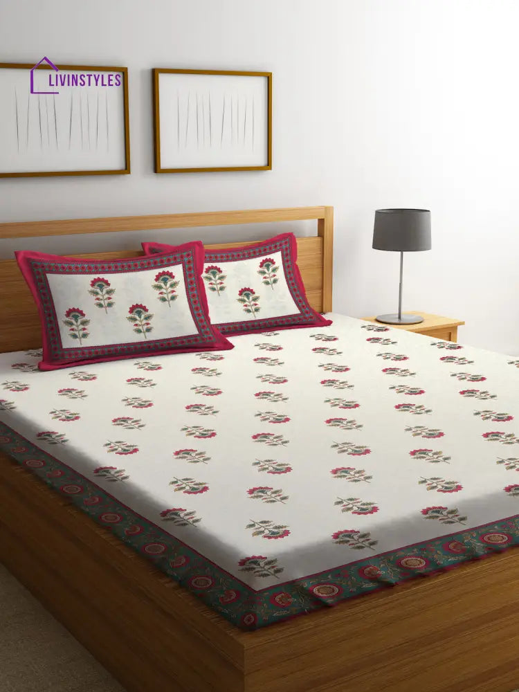 Cotton Floral Print King Bed Sheet With 2 Pillow Covers