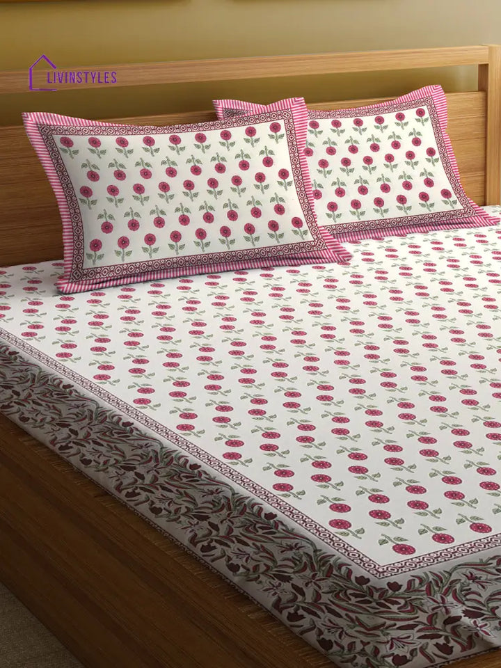 Cotton Floral Print White And Pink Double Bed Sheet With 2 Pillow Covers