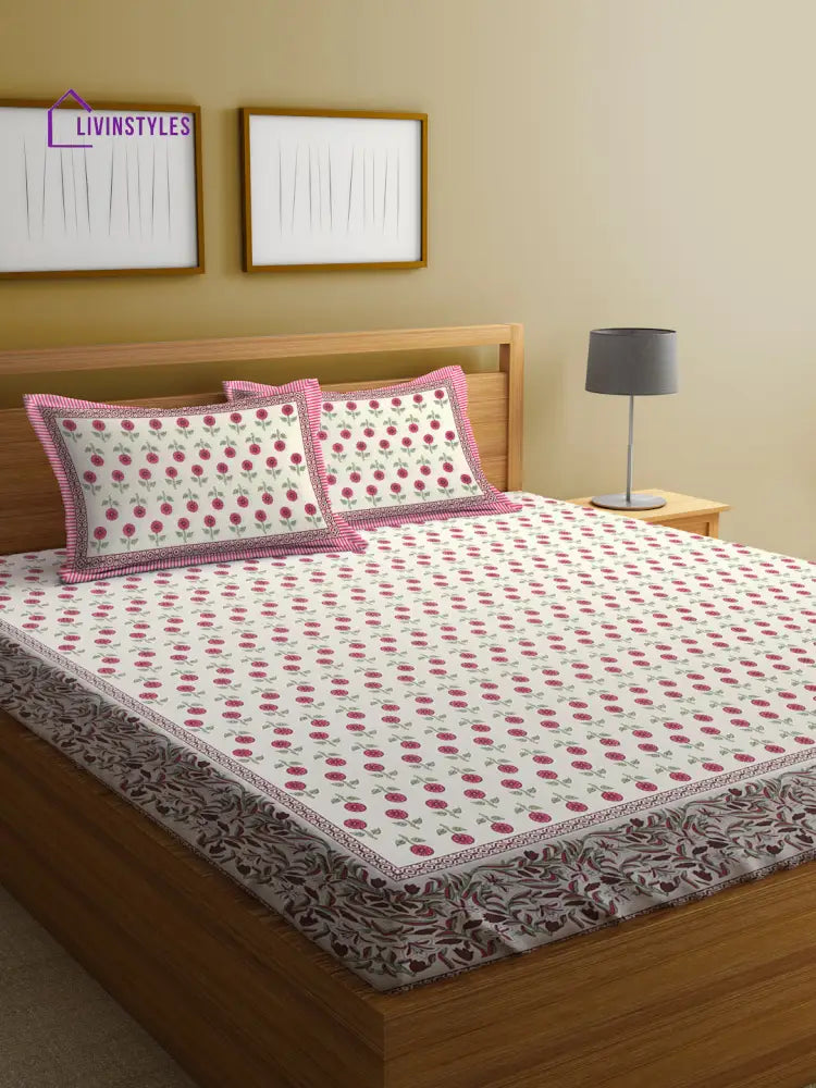 Cotton Floral Print White And Pink Double Bed Sheet With 2 Pillow Covers