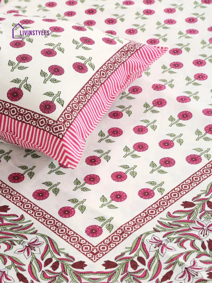 Cotton Floral Print White And Pink Double Bed Sheet With 2 Pillow Covers