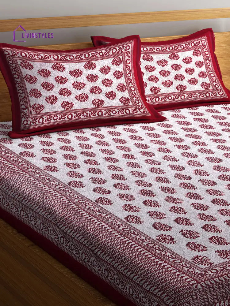 Cotton Screen Block Print Jaipuri Red And White Double Bedsheet With 2 Pillow Covers