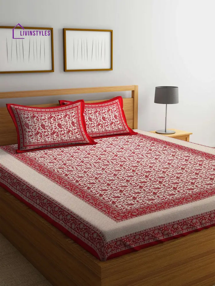 Cotton Screen Block Print Jaipuri Red And White Double Bedsheet With 2 Pillow Covers Bed Sheet