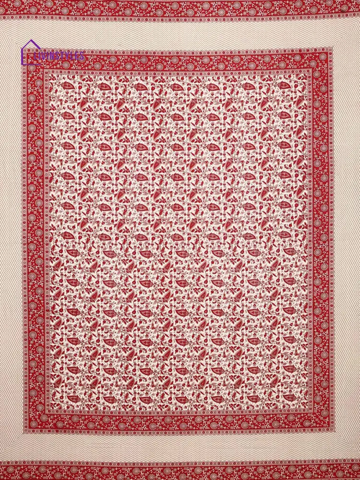 Cotton Screen Block Print Jaipuri Red And White Double Bedsheet With 2 Pillow Covers Bed Sheet