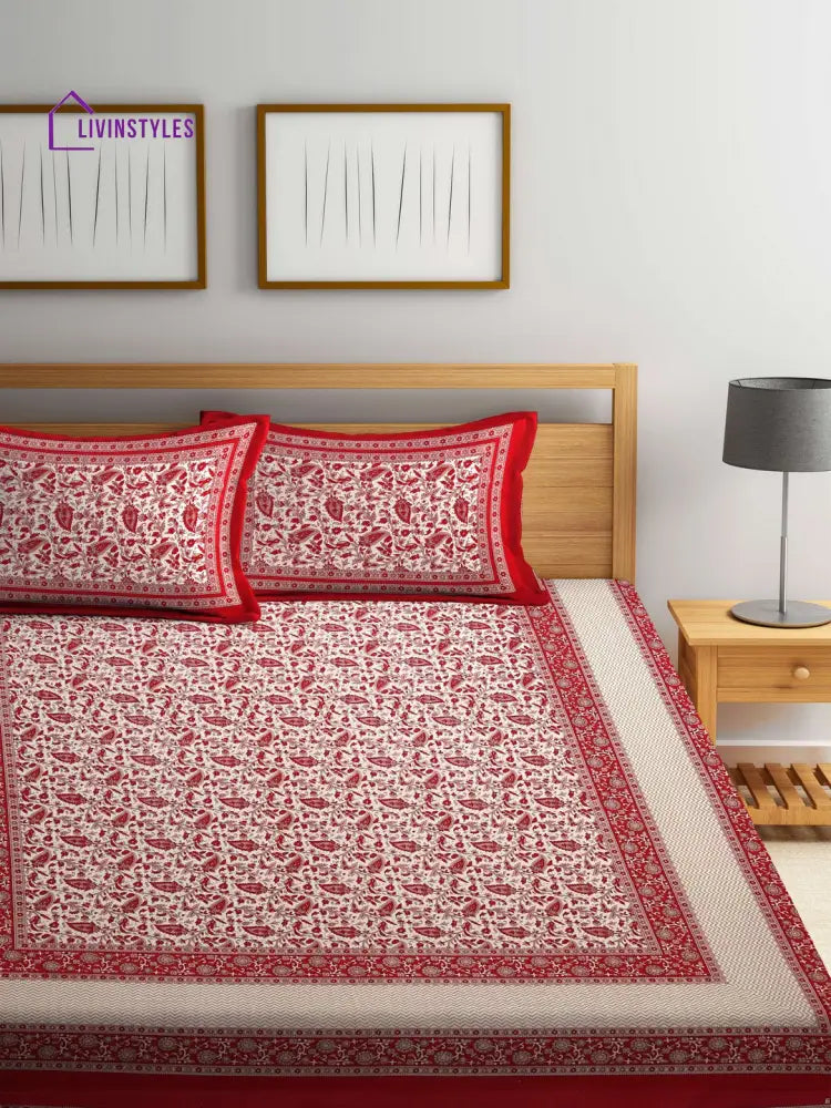 Cotton Screen Block Print Jaipuri Red And White Double Bedsheet With 2 Pillow Covers Bed Sheet