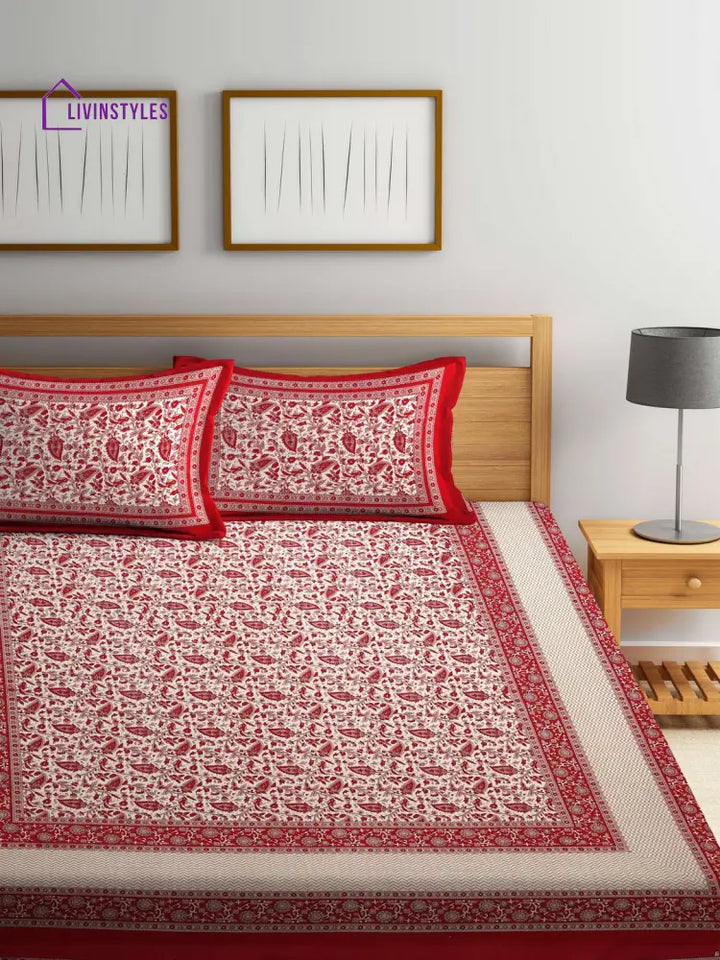 Cotton Screen Block Print Jaipuri Red And White Double Bedsheet With 2 Pillow Covers Bed Sheet