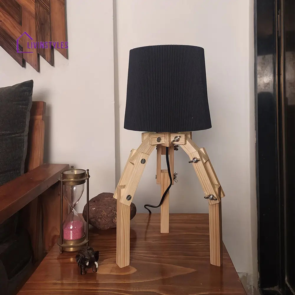 Crawler Beige Wooden Table Lamp With Black Fabric Lampshade Lamps