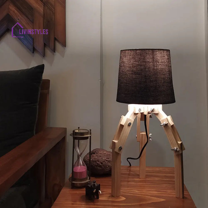 Crawler Beige Wooden Table Lamp With Black Fabric Lampshade Lamps