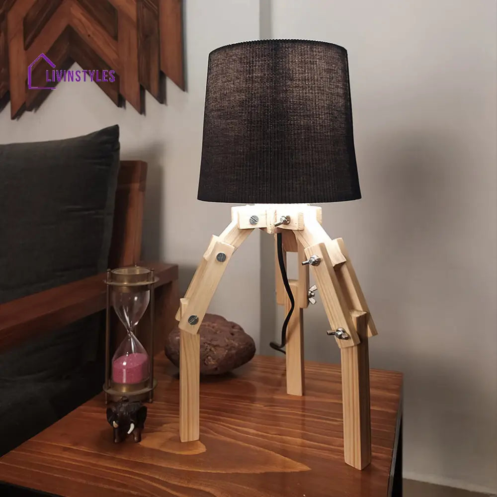 Crawler Beige Wooden Table Lamp With Black Fabric Lampshade Lamps