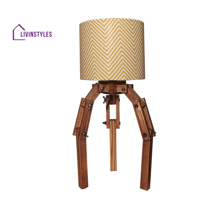 Crawler Brown Wooden Table Lamp With Yellow Printed Fabric Lampshade Lamps