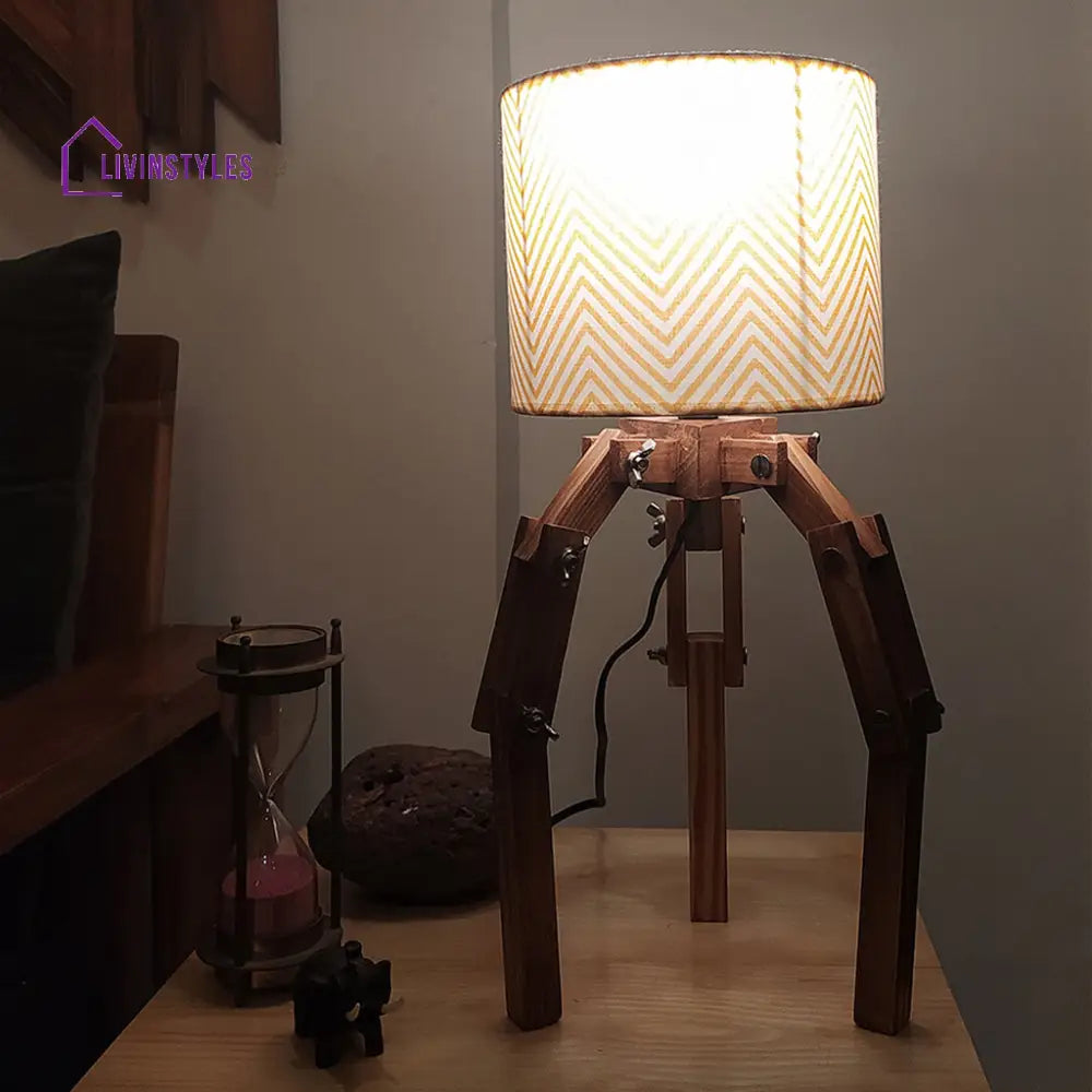 Crawler Brown Wooden Table Lamp With Yellow Printed Fabric Lampshade Lamps