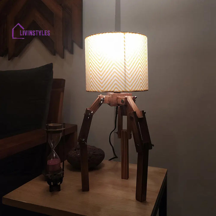 Crawler Brown Wooden Table Lamp With Yellow Printed Fabric Lampshade Lamps