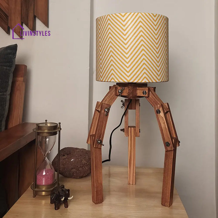 Crawler Brown Wooden Table Lamp With Yellow Printed Fabric Lampshade Lamps