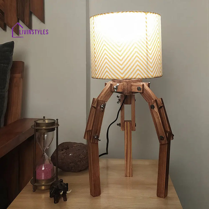 Crawler Brown Wooden Table Lamp With Yellow Printed Fabric Lampshade Lamps