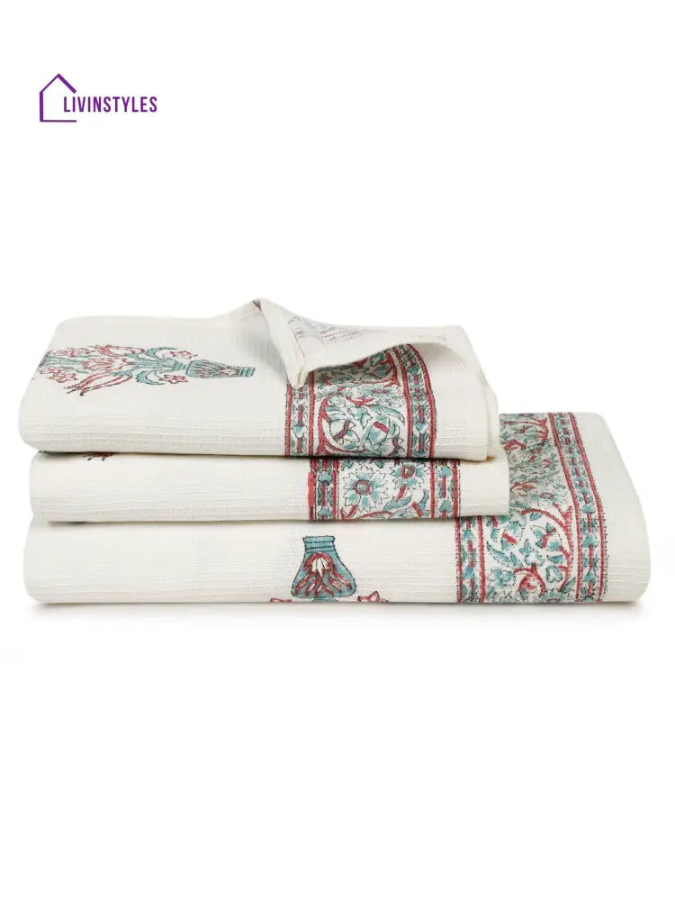 Cream And Aqua 180 Gsm Hand Block Ethnic Motiffs Cotton Towel Set Of 3