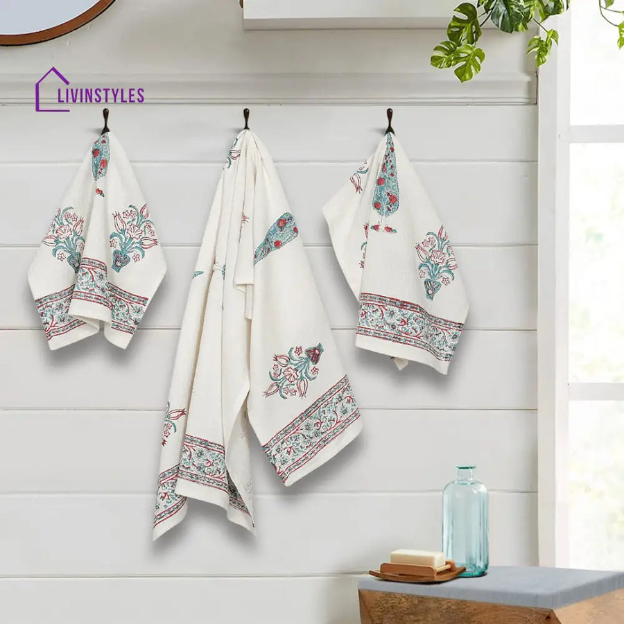 Cream And Aqua 180 Gsm Hand Block Ethnic Motiffs Cotton Towel Set Of 3