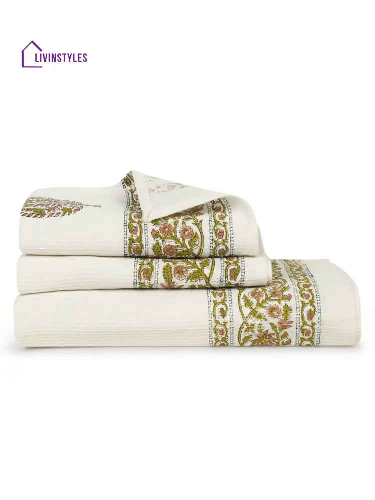 Cream And Green 180 Gsm Hand Block Floral Cotton Towel Set Of 3