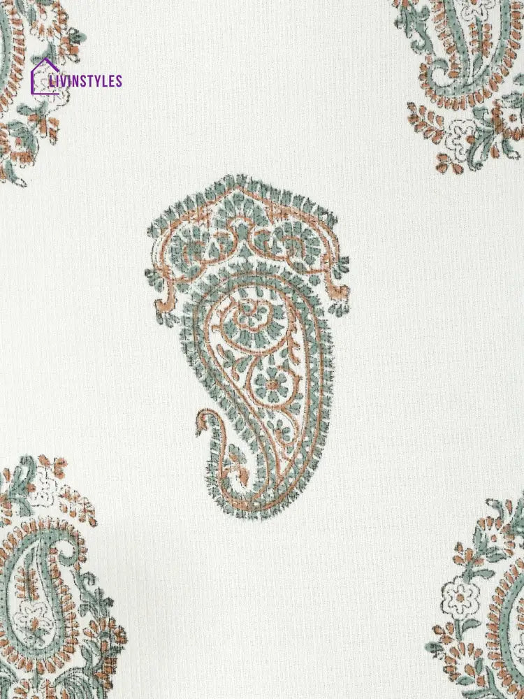 Cream And Green 180 Gsm Hand Block Paisley Cotton Towel Set Of 3