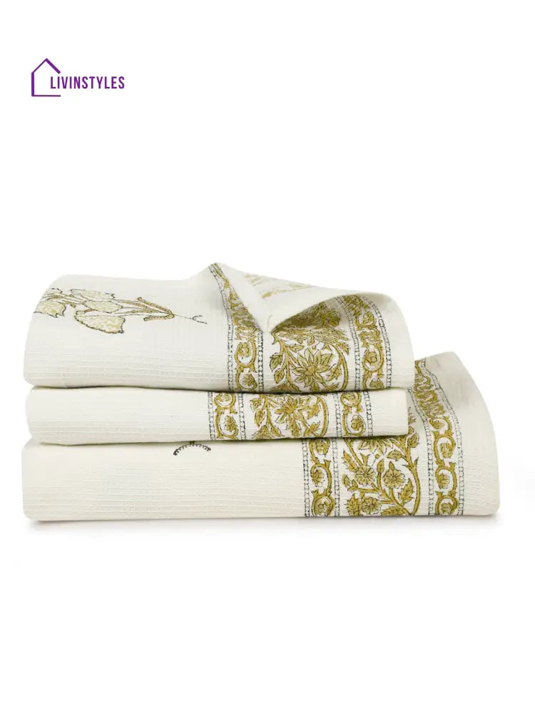 Cream And Olive 180 Gsm Hand Block Floral Cotton Towel Set Of 3