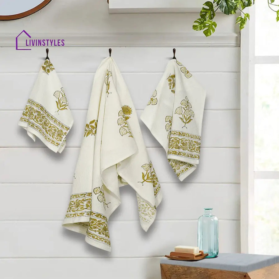 Cream And Olive 180 Gsm Hand Block Floral Cotton Towel Set Of 3