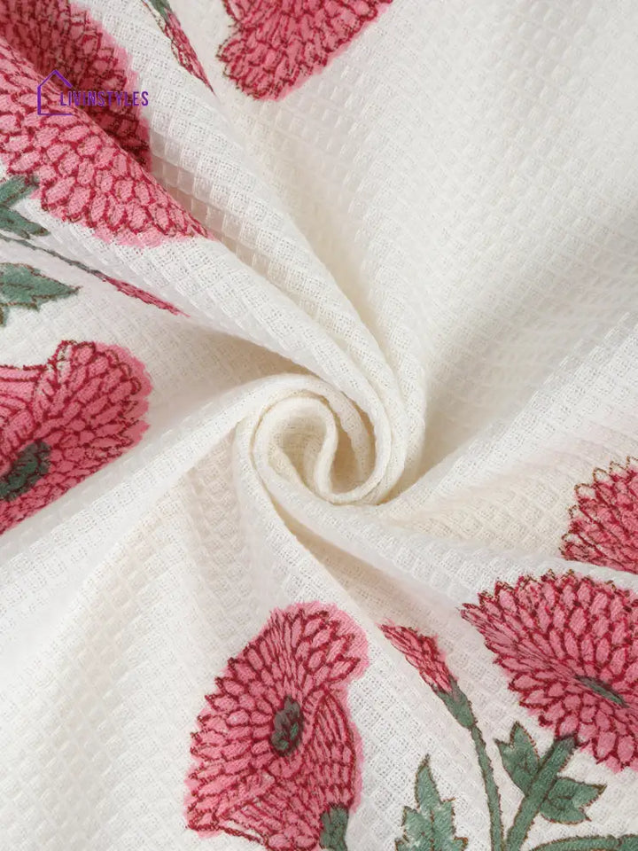 Cream And Pink 180 Gsm Hand Block Floral Print Cotton Towel Set Of 3