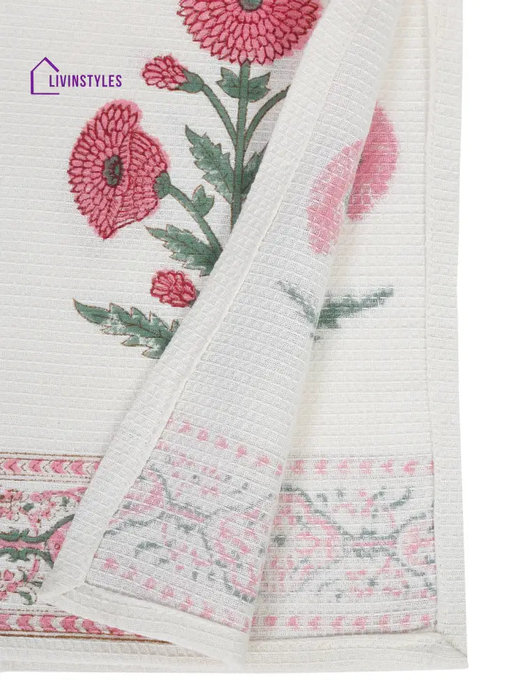 Cream And Pink 180 Gsm Hand Block Floral Print Cotton Towel Set Of 3