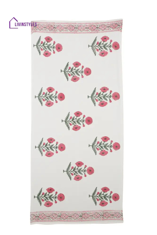 Cream And Pink 180 Gsm Hand Block Floral Print Cotton Towel Set Of 3