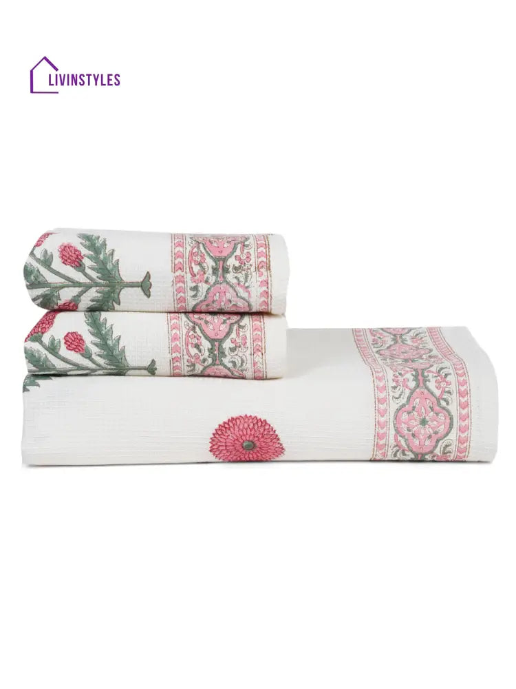 Cream And Pink 180 Gsm Hand Block Floral Print Cotton Towel Set Of 3