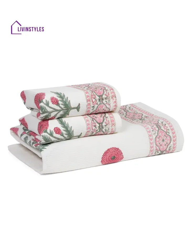 Cream And Pink 180 Gsm Hand Block Floral Print Cotton Towel Set Of 3