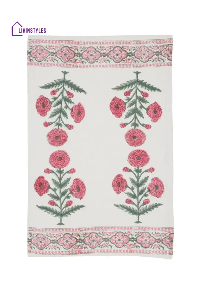 Cream And Pink 180 Gsm Hand Block Floral Print Cotton Towel Set Of 3