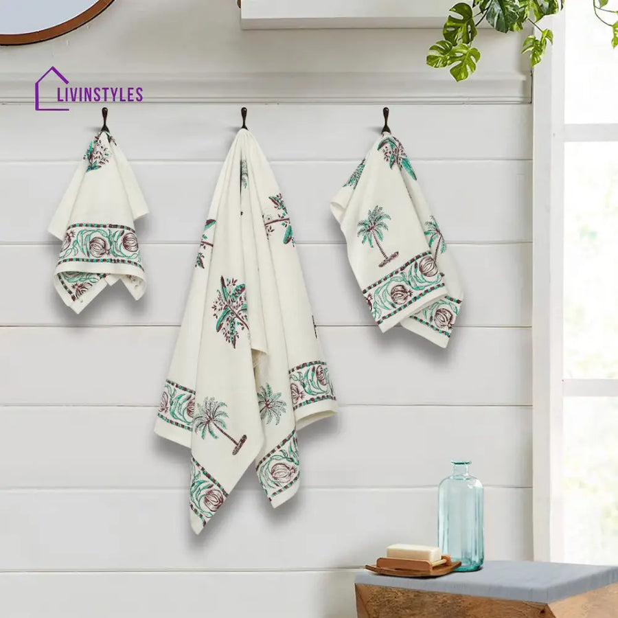 Cream And Turquoise 180 Gsm Hand Block Cotton Towel Set Of 3