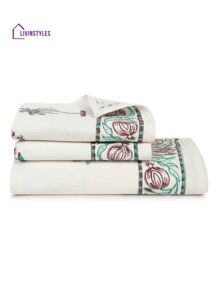 Cream And Turquoise 180 Gsm Hand Block Cotton Towel Set Of 3