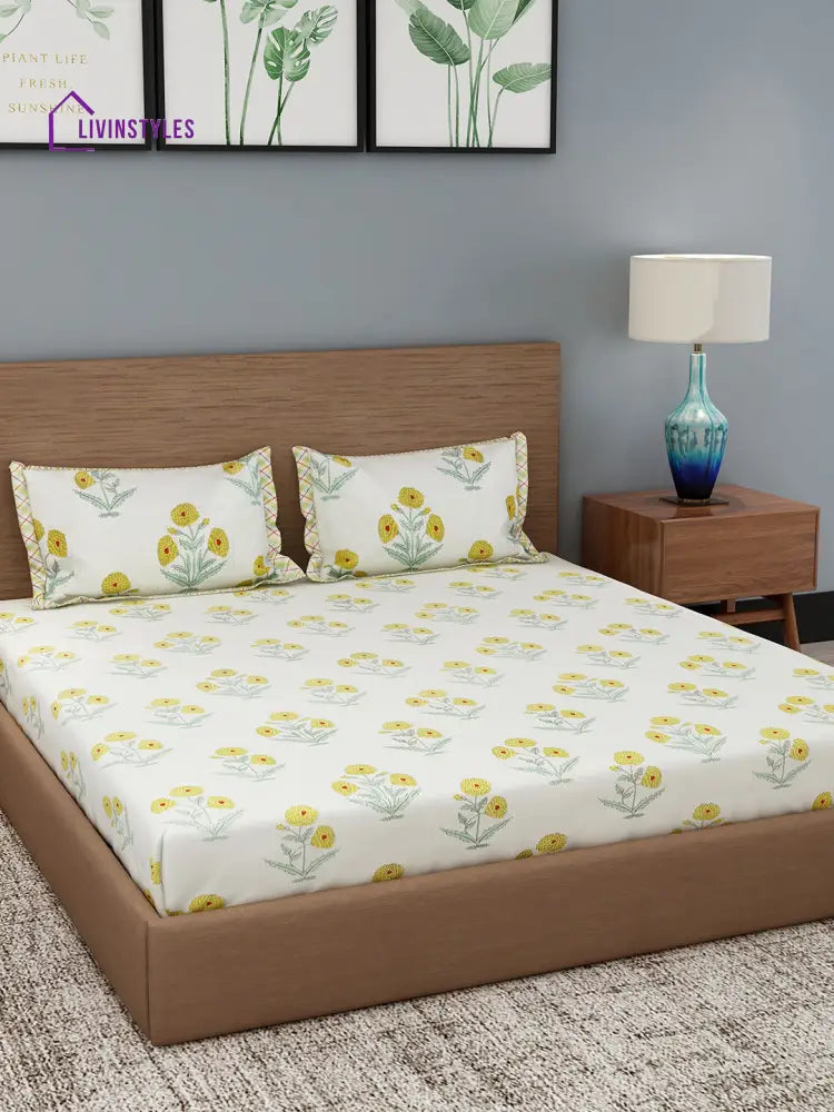 Cream Color Yellow Floral Print Cotton King Bed Sheet With 2 Pillow Covers