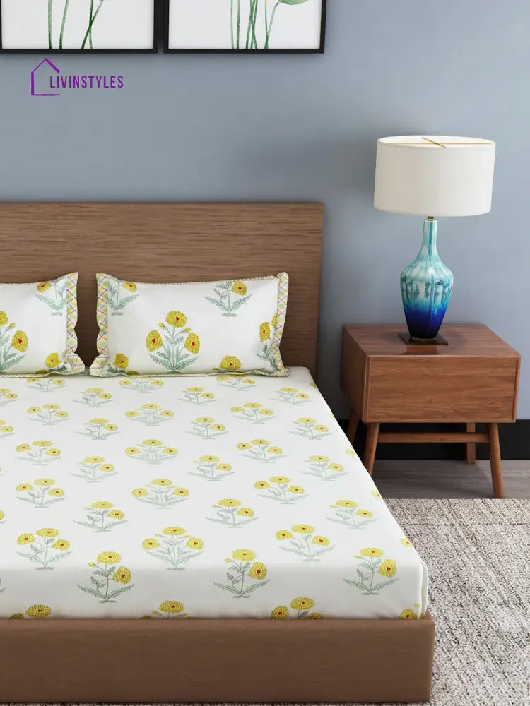 Cream Color Yellow Floral Print Cotton King Bed Sheet With 2 Pillow Covers