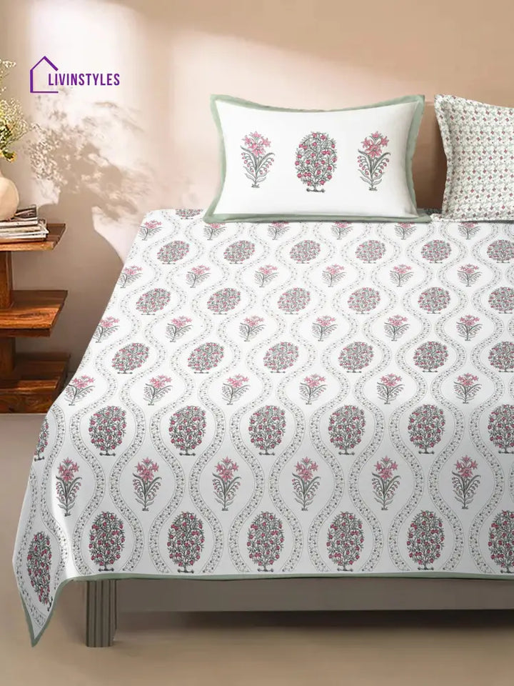 Cream Cotton Floral Print King Bed Sheet With 2 Pillow Covers