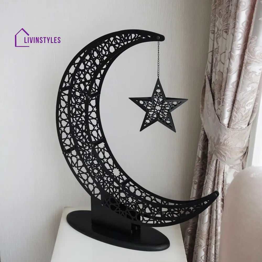 Crescent & Star Ramadan Decor - Metal Islamic Home Decoration 20.5x17.3’’ | 52x44 cm / Black Metal Wall Art